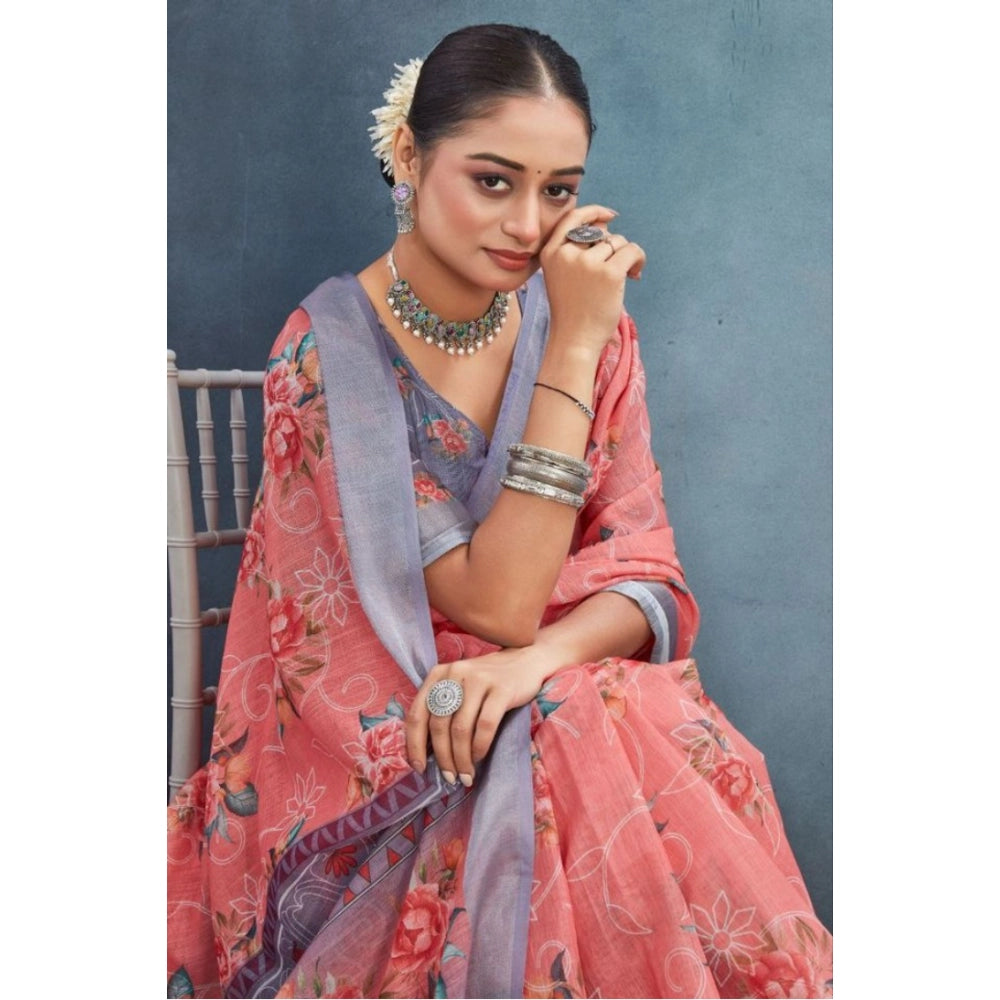 Women's Linen Floral Printed Saree With Unstitched Blouse 5.5Mtr (Peach)