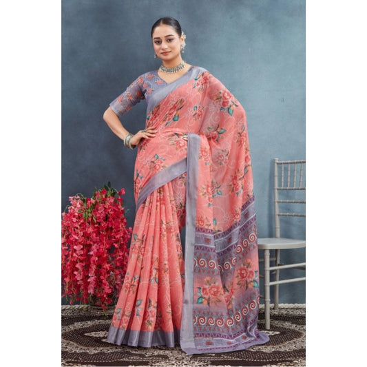 Women's Linen Floral Printed Saree With Unstitched Blouse 5.5Mtr (Peach)