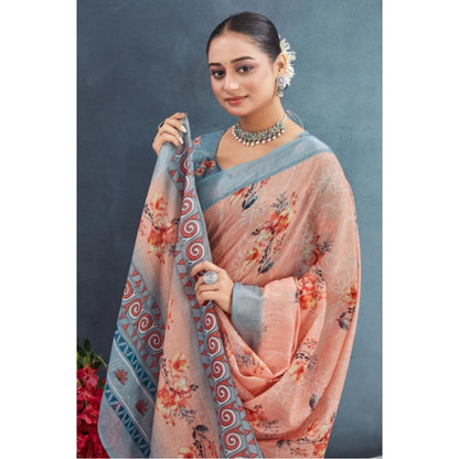 Women's Linen Floral Printed Saree With Unstitched Blouse 5.5Mtr (Orange)