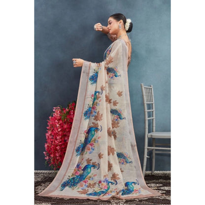 Women's Linen Floral Printed Saree With Unstitched Blouse 5.5Mtr (Beige)