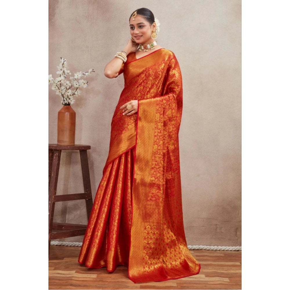Women's Silk Blend Floral Printed Saree With Unstitched Blouse 5.5Mtr (Red)