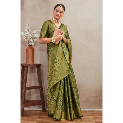Women's Silk Blend Floral Printed Saree With Unstitched Blouse 5.5Mtr (Green)