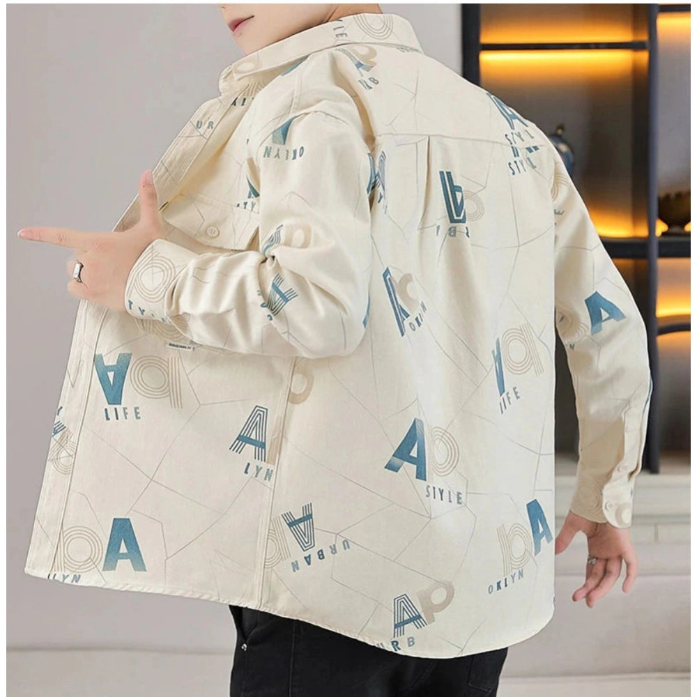 Generic Men's Casual Cotton Printed Full Sleeve Collar Shirt (Beige)