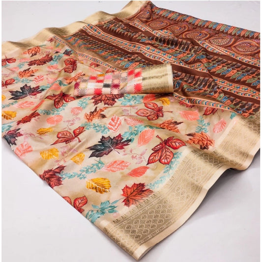 Women's Cotton Silk Printed Saree With Unstitched Blouse 5.5Mtr (Multicolor)