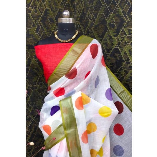 Women's Cotton Linen Printed Saree With Unstitched Blouse 5.5Mtr (Multicolor)
