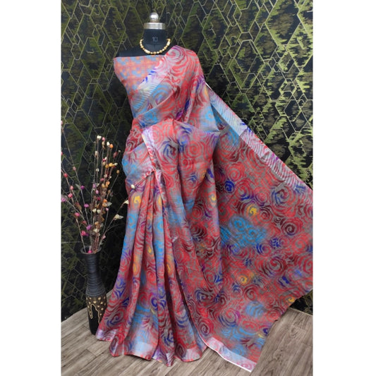 Women's Cotton Linen Woven Design Saree With Unstitched Blouse 5.5Mtr (Red)
