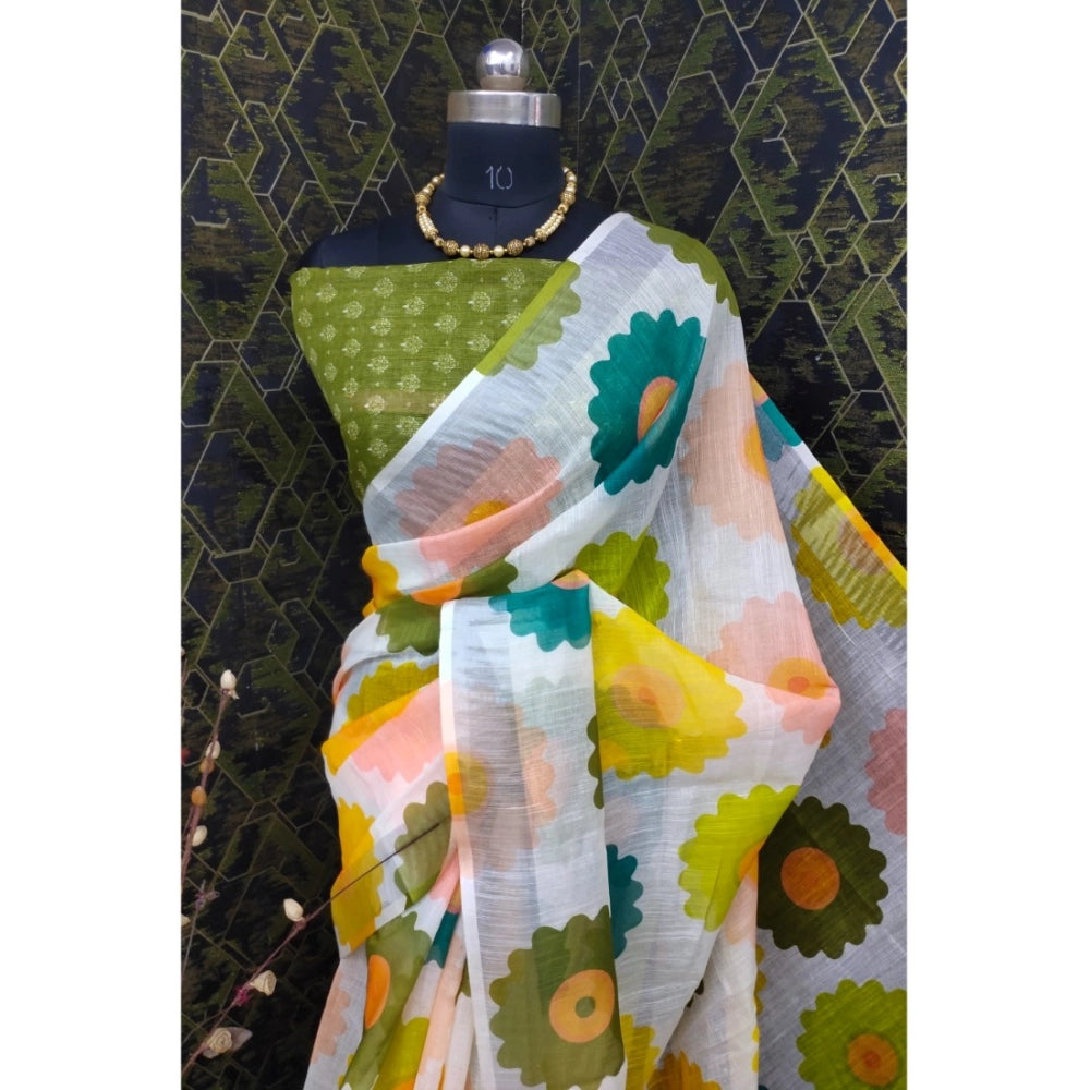 Women's Cotton Linen Woven Design Saree With Unstitched Blouse 5.5Mtr (Green)