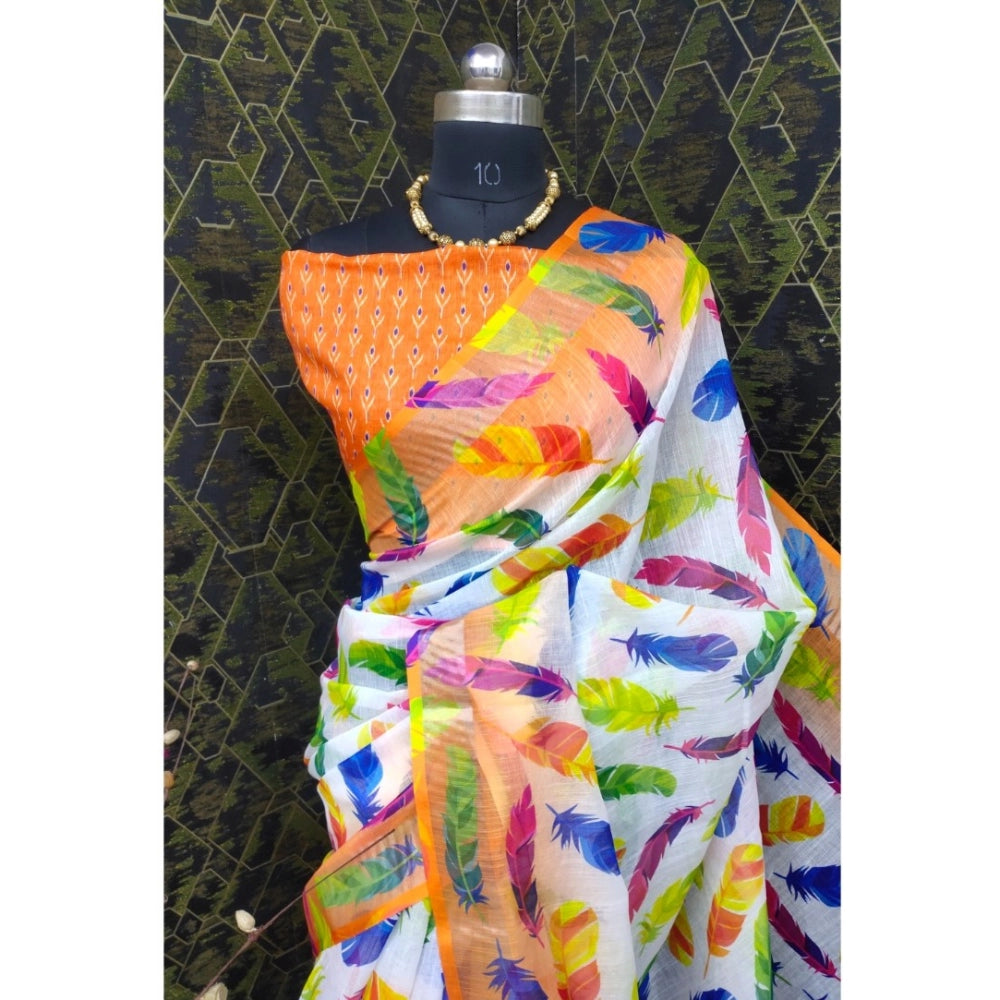 Women's Cotton Linen Woven Design Saree With Unstitched Blouse 5.5Mtr (Orange)