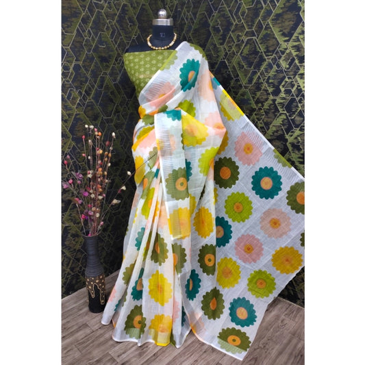 Women's Cotton Linen Woven Design Saree With Unstitched Blouse 5.5Mtr (Green)