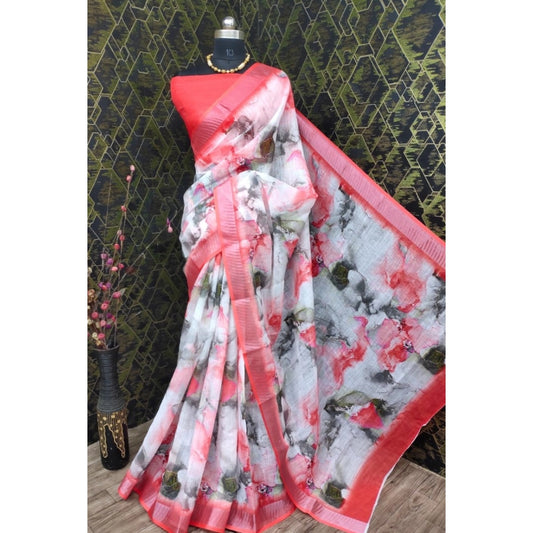 Women's Cotton Linen Woven Design Saree With Unstitched Blouse 5.5Mtr (Red)