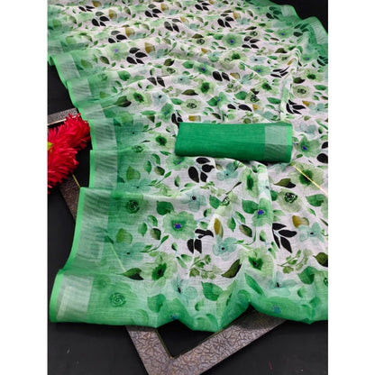 Women's Cotton Linen Woven Design Saree With Unstitched Blouse 5.5Mtr (Green)