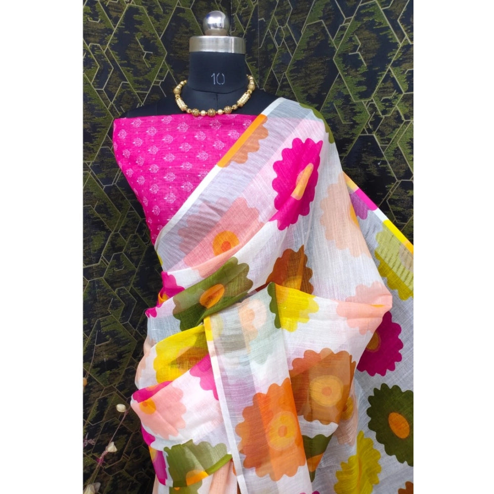 Women's Cotton Linen Woven Design Saree With Unstitched Blouse 5.5Mtr (Pink)