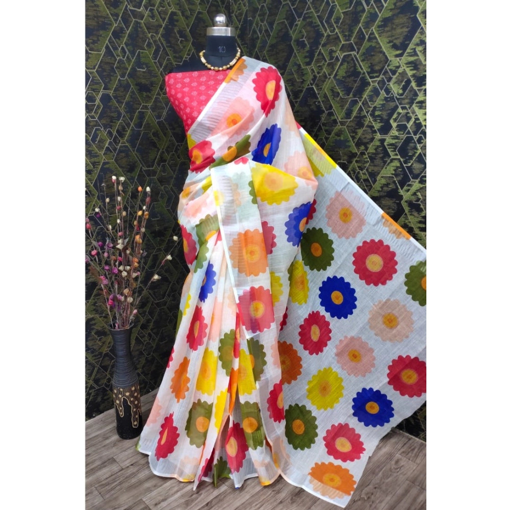 Women's Cotton Linen Woven Design Saree With Unstitched Blouse 5.5Mtr (Red)