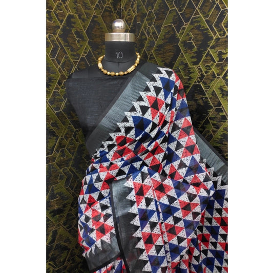 Women's Cotton Linen Printed Saree With Unstitched Blouse 5.5Mtr (Black)