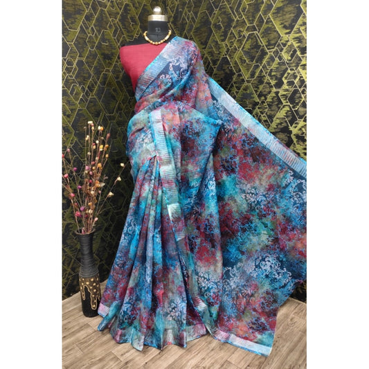 Women's Cotton Linen Woven Design Saree With Unstitched Blouse 5.5Mtr (Blue)
