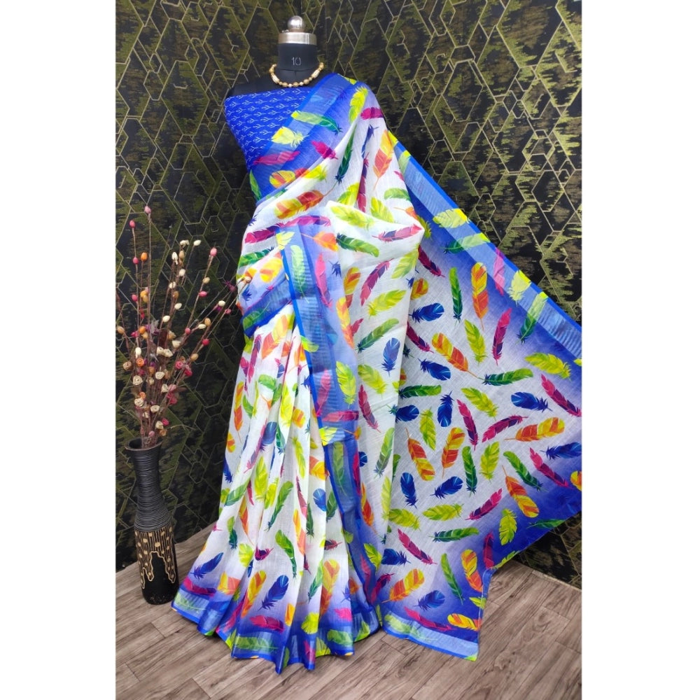 Women's Cotton Linen Woven Design Saree With Unstitched Blouse 5.5Mtr (Blue)