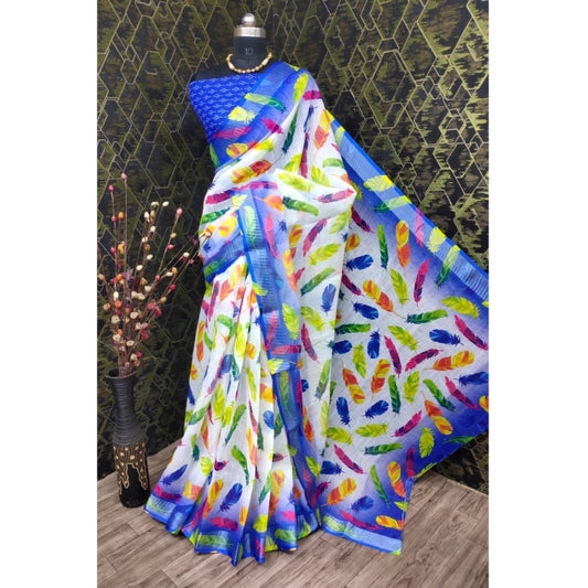 Women's Cotton Linen Woven Design Saree With Unstitched Blouse 5.5Mtr (Blue)