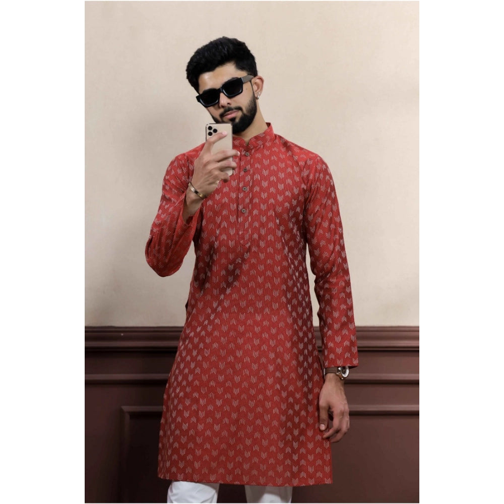 Generic Men's Casual Cotton Printed Full Sleeve Kurta Pyjama Set (Maroon)