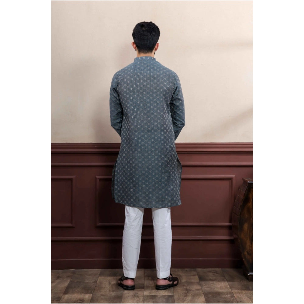 Generic Men's Casual Cotton Printed Full Sleeve Kurta Pyjama Set (Grey)