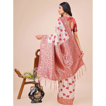 Women's Linen Cotton Printed Saree With Unstitched Blouse 5.5Mtr (Maroon)