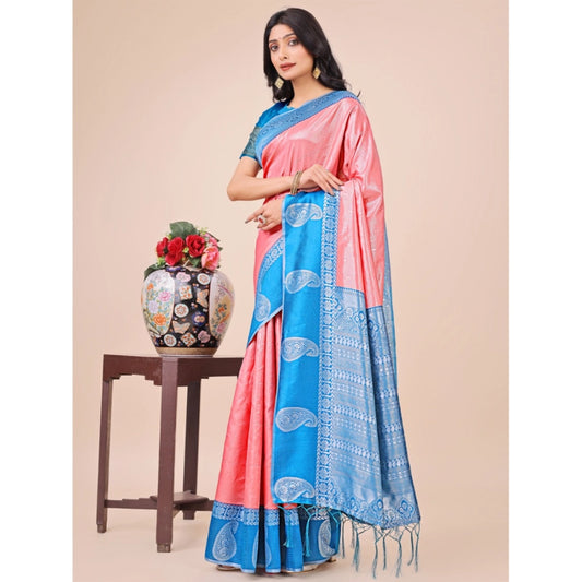 Women's Lichi Silk Printed Saree With Unstitched Blouse 5.5Mtr (Peach)