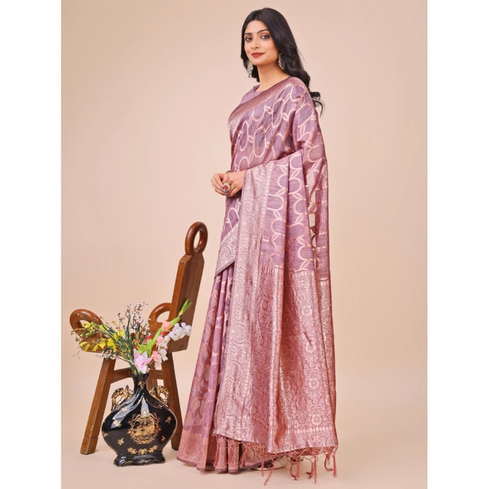 Women's Linen Cotton Printed Saree With Unstitched Blouse 5.5Mtr (Purple)
