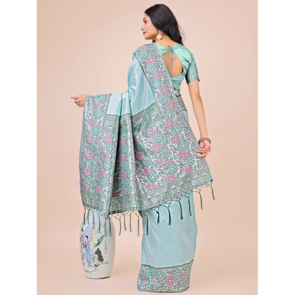 Women's Lichi Silk Printed Saree With Unstitched Blouse 5.5Mtr (Teal)