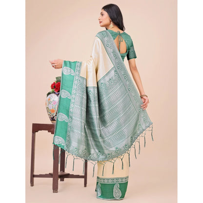 Women's Lichi Silk Printed Saree With Unstitched Blouse 5.5Mtr (Cream)