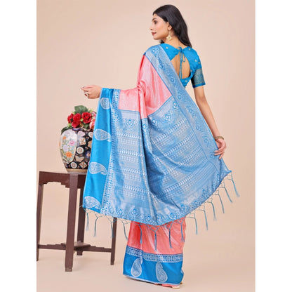 Women's Lichi Silk Printed Saree With Unstitched Blouse 5.5Mtr (Peach)