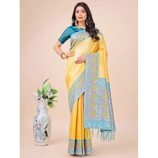Women's Lichi Silk Printed Saree With Unstitched Blouse 5.5Mtr (Yellow)