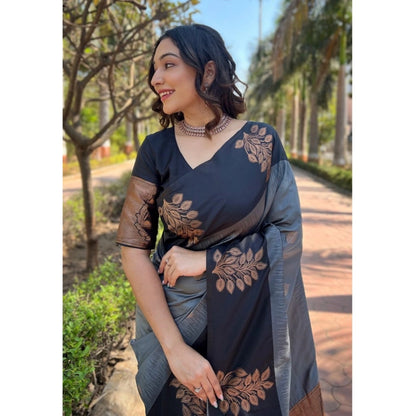 Women's Silk Printed Saree With Unstitched Blouse 5.5Mtr (Grey)