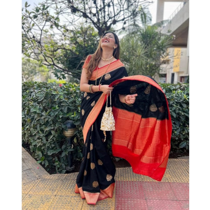 Women's Silk Printed Saree With Unstitched Blouse 5.5Mtr (Black-Red)