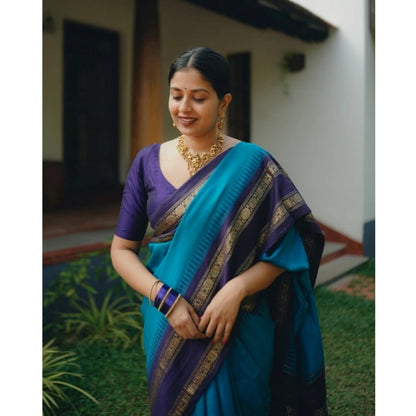 Women's Silk Printed Saree With Unstitched Blouse 5.5Mtr (Blue)