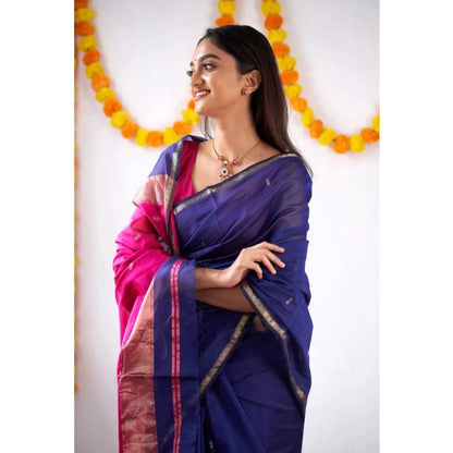 Women's Cotton  Printed Saree With Unstitched Blouse 5.5Mtr (Blue)