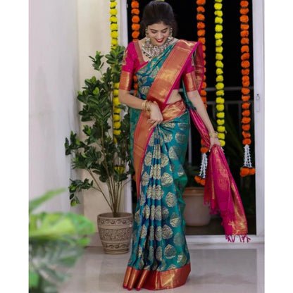 Women's Silk Printed Saree With Unstitched Blouse 5.5Mtr (Teal Blue)