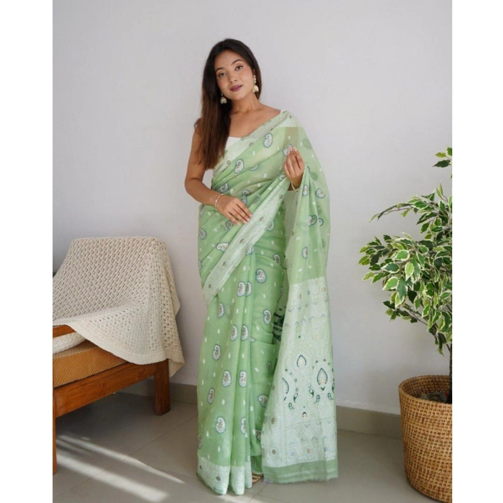 Women's Cotton  Printed Saree With Unstitched Blouse 5.5Mtr (Pista)