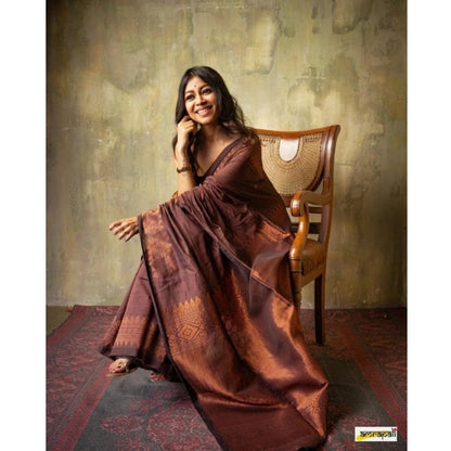 Women's Silk Printed Saree With Unstitched Blouse 5.5Mtr (Coffee)