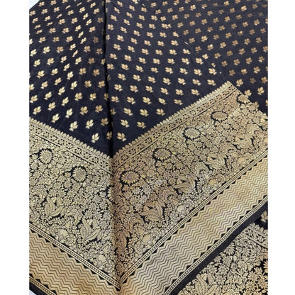 Women's Silk Printed Saree With Unstitched Blouse 5.5Mtr (Black)