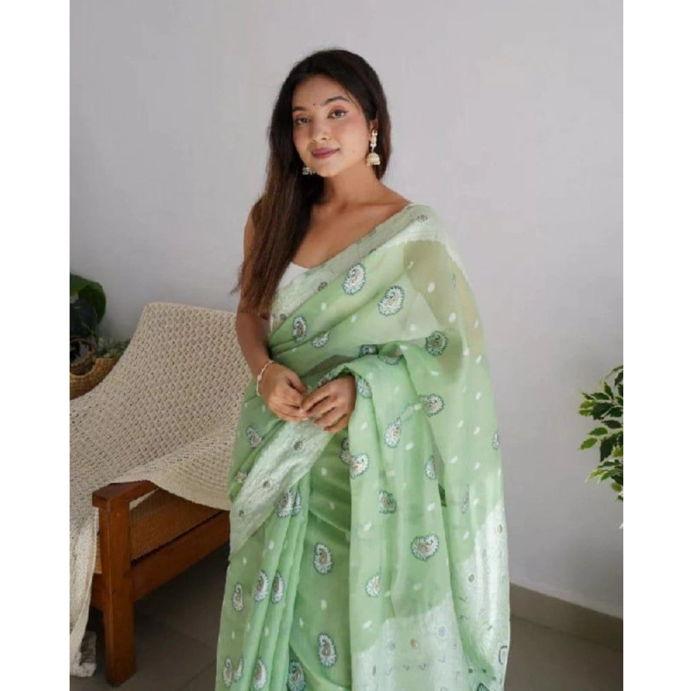 Women's Cotton  Printed Saree With Unstitched Blouse 5.5Mtr (Pista)