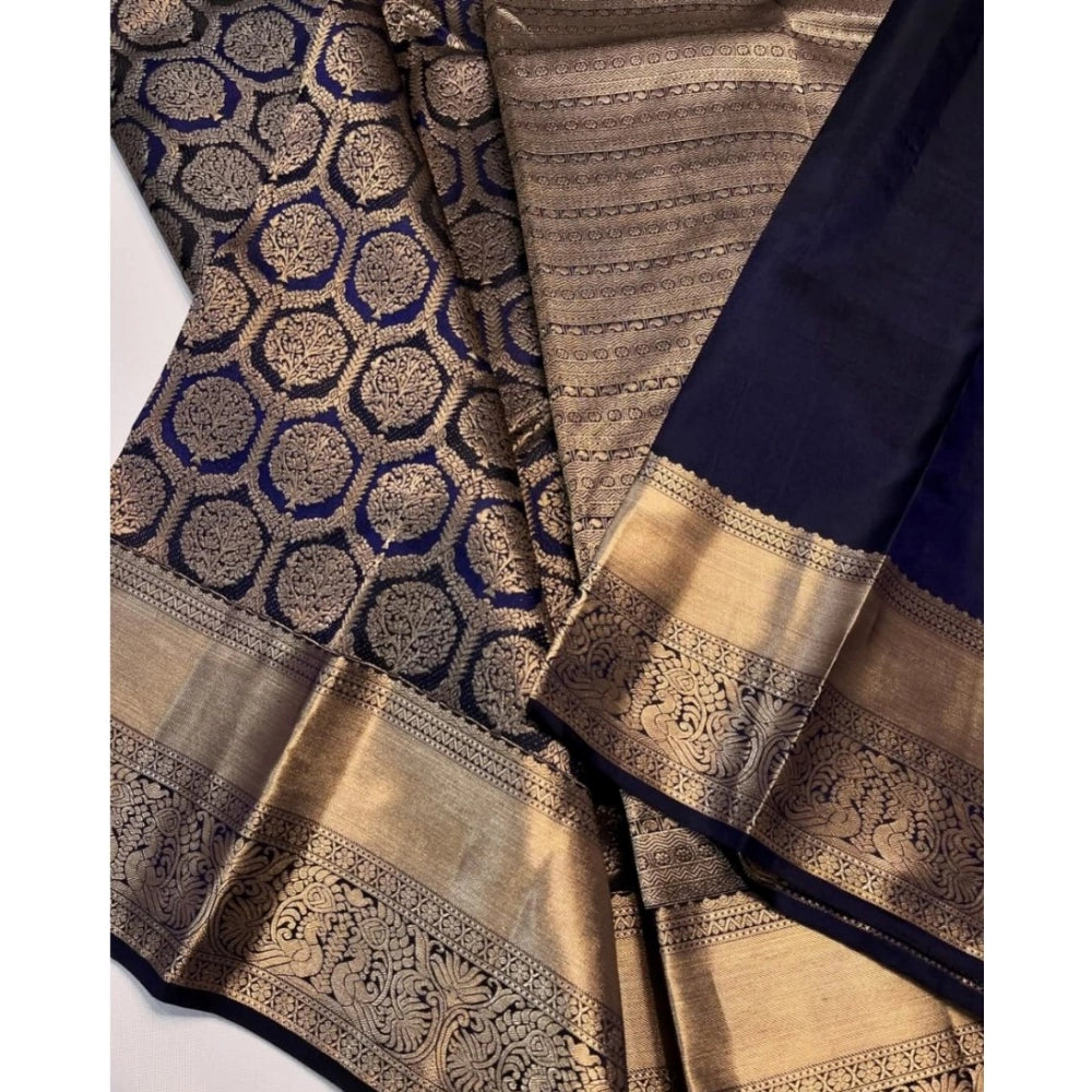 Women's Silk Printed Saree With Unstitched Blouse 5.5Mtr (Navy Blue)