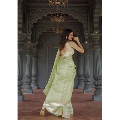 Women's Cotton  Printed Saree With Unstitched Blouse 5.5Mtr (Pista)