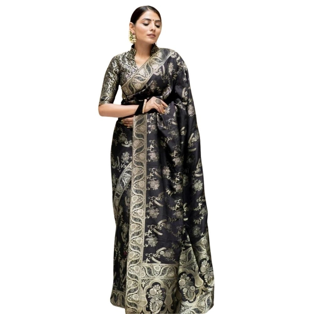 Women's Silk Printed Saree With Unstitched Blouse 5.5Mtr (Black)