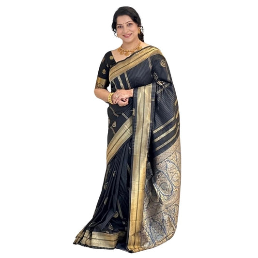 Women's Silk Printed Saree With Unstitched Blouse 5.5Mtr (Black)