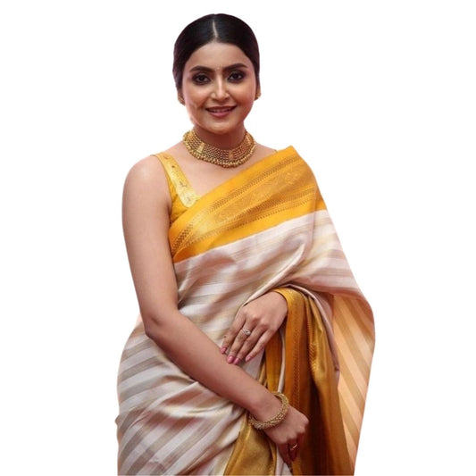 Women's Silk Printed Saree With Unstitched Blouse 5.5Mtr (Off White-Yellow)