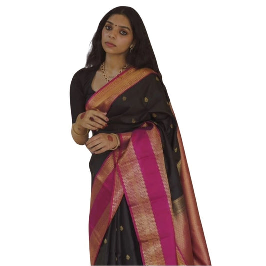 Women's Silk Printed Saree With Unstitched Blouse 5.5Mtr (Black-Pink)