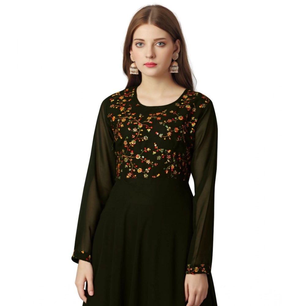 Generic Women's Georgette Embroidered Full Sleeve Round Neck Gown (Mehendi)