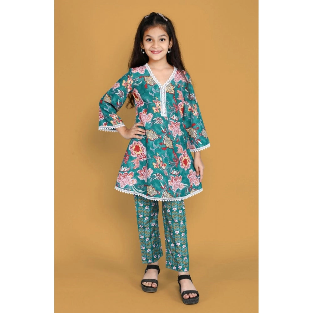 Generic Girl's Silk Blend Floral Prinded Shiffli Lace Salwar Kameez Dupatta Set (Teal)