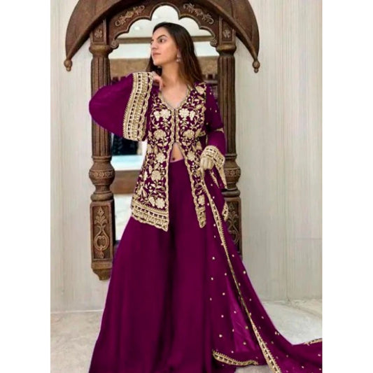 Women's Georgette Embroidery 3-4th Sleeve V-Neck Kurti, Palazzo And Dupatta Set (Wine)