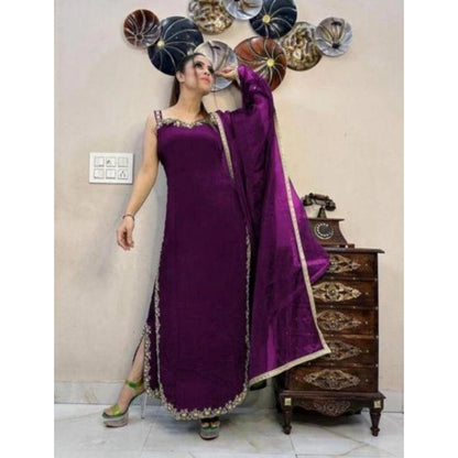 Women's Georgette Embroidery Sleeveless Round Neck Kurti, Palazzo And Dupatta Set (Wine)