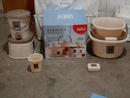 8701 Plastic Bathroom Accessories Set 6 Pcs Bath Set Bathroom Bucket With Dustbin Mug Stool Soap Casetub